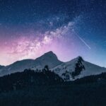 The Milky Way and a meteor streak above snow-capped peaks in Xinjiang